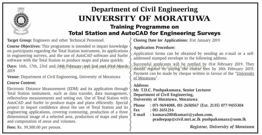 Training Programme on Total Station & AutoCAD for Engineering Surveys - Department of Civil Engineering - University of Moratuwa